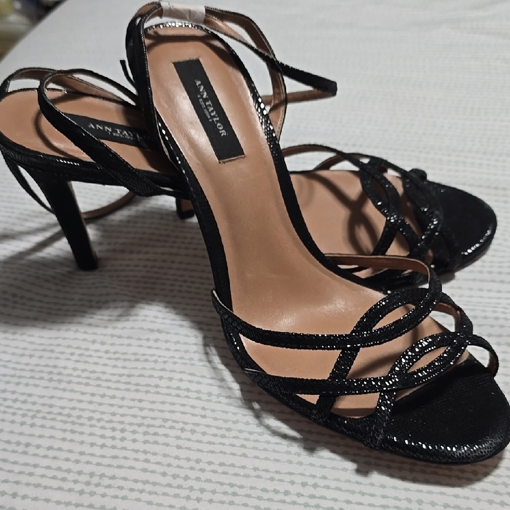 Ann Taylor Black Strappy Heels with Glossy Finish